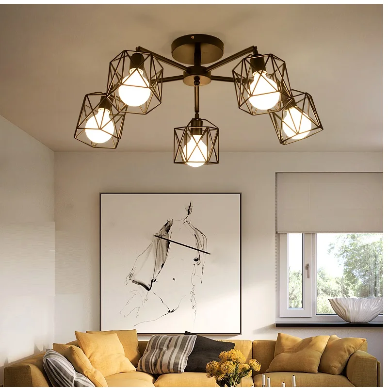 Wrought-Iron-Ceiling-Lamp-E27-Bulb-Living-Room-Vintage-Chandeliers-Multiple-Rod-Lamparas-for-Home
