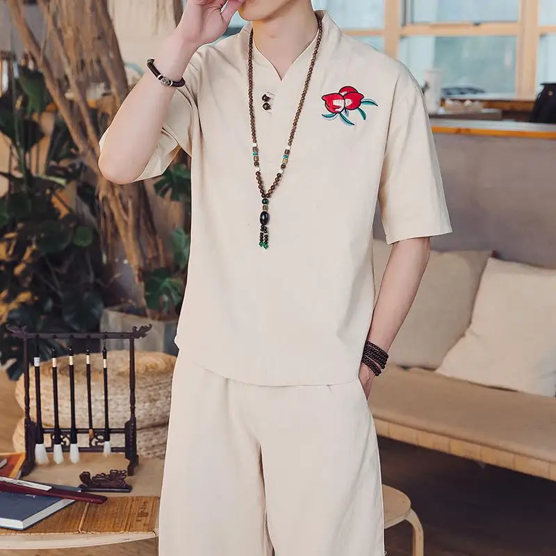 

Loldeal Summer Short Men's Casual Linen Embroidery Stand Collar Men's Suit Sweatshirt Solid Color Short-sleeved T-shirt + Pants