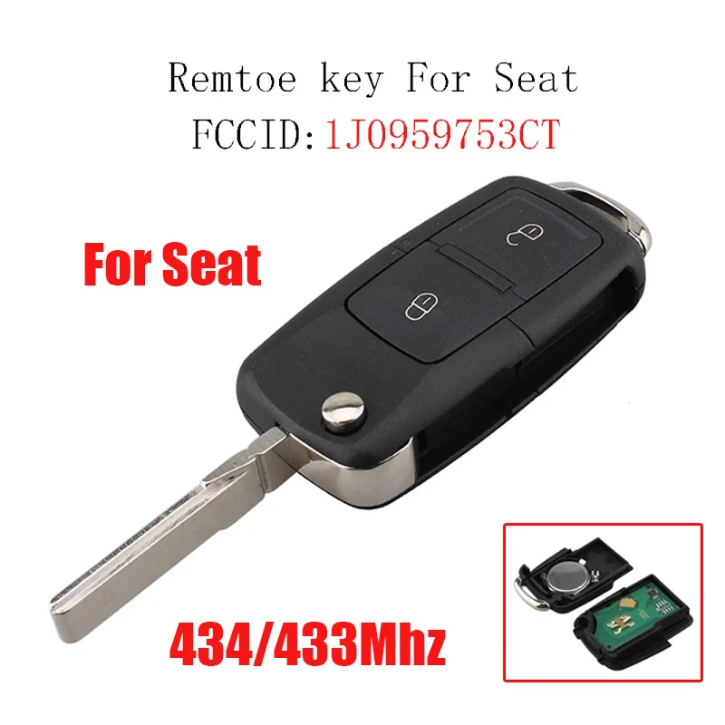 2 кнопки дистанционного ключа для сиденья 1J0959753AG для Seat Leon Ibiza Toledo Cordoba 2002-2008 434 МГц и ID48 чип ключ - Количество кнопок: 1J0959753CT