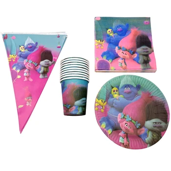 

80pcs/lot Trolls Theme Wall Hanging Banner Happy Birthday Party Plates Cups Flags Decoration Napkins Baby Shower Tableware Set