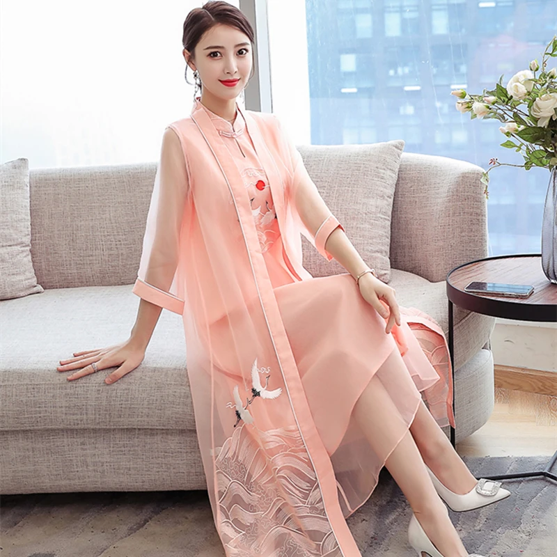 

Plus Size 3XL Woemn Summer Autumn Elegant Vintage Embroidery 2 Piece Dress Fashion Casual Cardigan Tank Dresses Party Vestidos