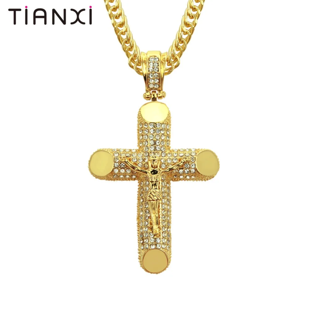 Hip Hop Alloy Gold Color Cross Pendant Necklace Religious Iced Out crystal Crucfix Jewely For Men Free Chain |