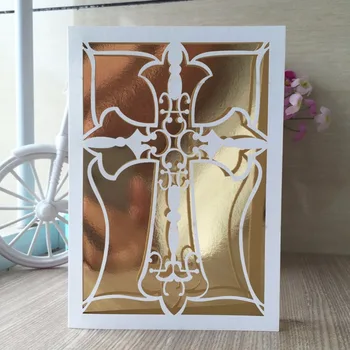 

50pcs/lot pearl paper laser cut crucifix christening baptism party birthday blessing card favor wedding invitation card Qj-151