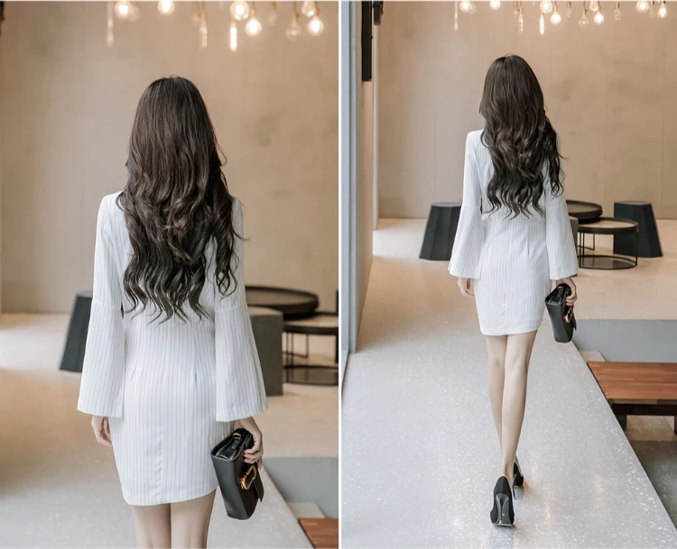 Весеннее и летнее Новое поступление, женские платья в Корейском стиле, в полоску, с длинным рукавом, с сексуальным вырезом, до колена, Hots D85007LD