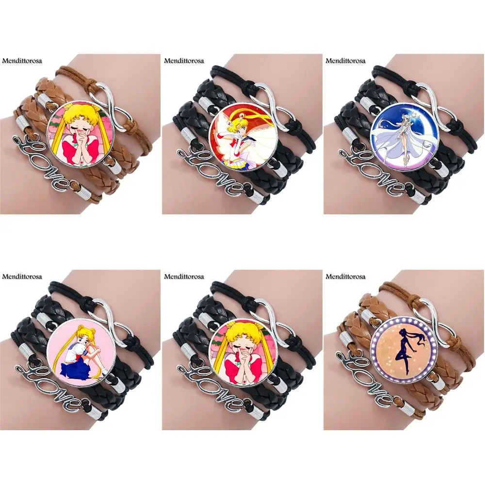 

Mendittorosa Sailor Moon Multilayer Black/Brown Leather Bracelet Bangle Women Statement Glass Cabochon Jewelry Gift