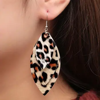 

Women Leopard Triple Layer Leaf Shape Faux Leather Long Dangle Hook Earrings