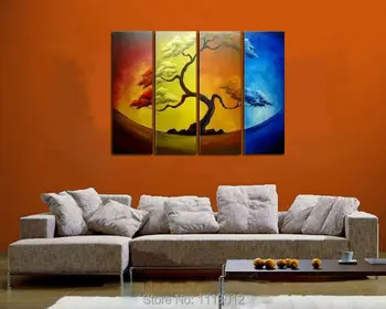 

Abstract Four-Color Yellow Pine Tree Oil Painting Hand Painted 4 Panel Arts Set Home Decor Modern Wall Picture For Living Room