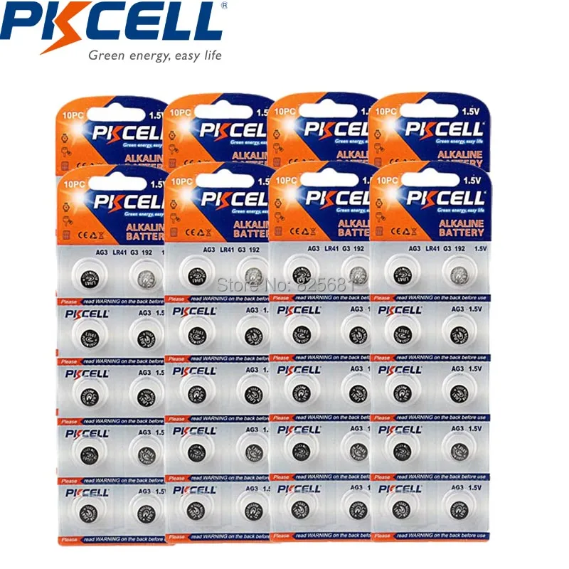 

80Pcs 8Card PKCELL AG3 LR41 Battery 1.5V 35mah SR41 G3 RW87 LR1120 Akaline Button Battery For Keyless Car Remotes