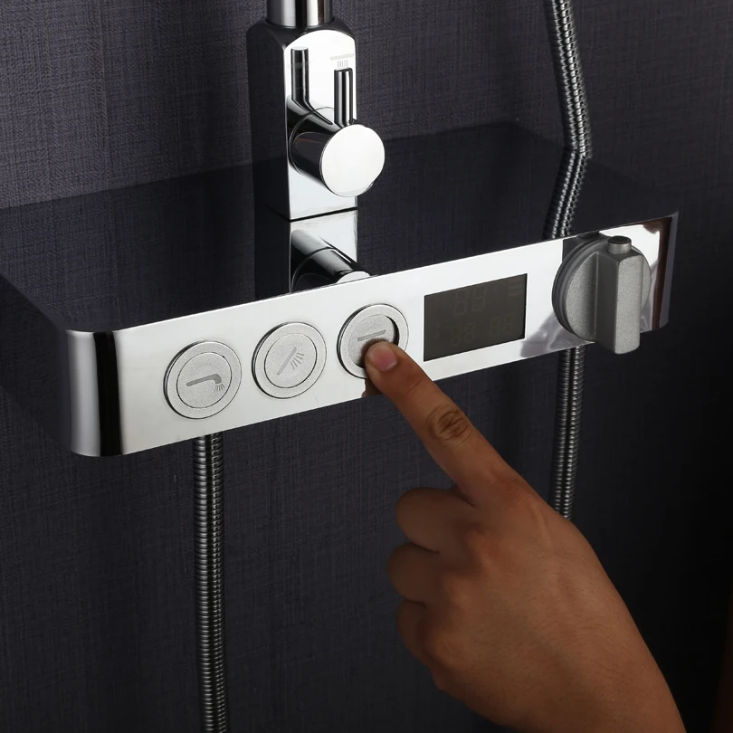 Bathroom Thermostat Shower Faucet Set Hot And Cold Mixer Tap Waterfall Rain Shower Head Chrome Brass Digital Shower System