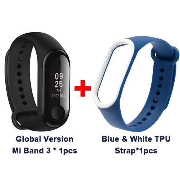 Мировой Xiaomi mi, 3 полосы, умный браслет, браслет, 0,78 дюймов, OLED, мгновенное сообщение, идентификатор звонящего, mi Band 3, фитнес-трекер - Цвет: Add Blu Wh TPU Strap