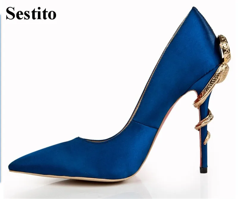 

Newest Solid Pointed Toe Snake Metal Decoration Crystal High Heels Party Women Pumps Super High Thin Heels Slip-on Ladies Shoes