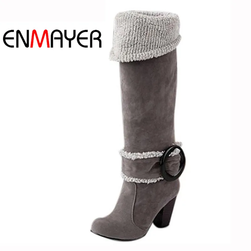 

ENMAYER Women Over Knee High Boots Sexy Square High Heels Winter Shoes Buckle Decoration Winter Shoes for Women Euro size 34-43