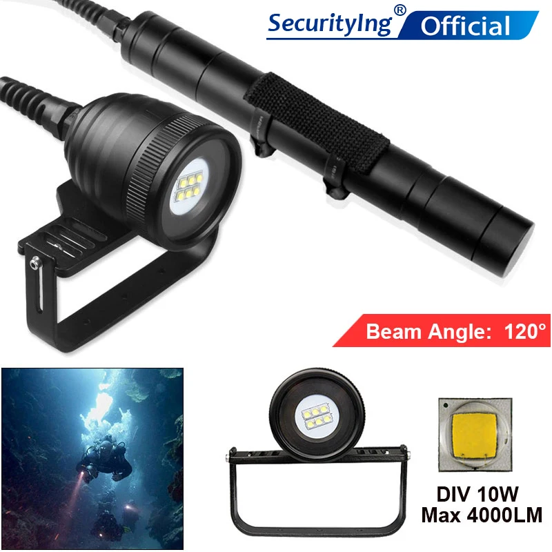 

SecurityIng 10W Waterproof 4500 Lumens L2 LED Underwater 200m with 5 Modes Diving Flashlight Support Professional Diving