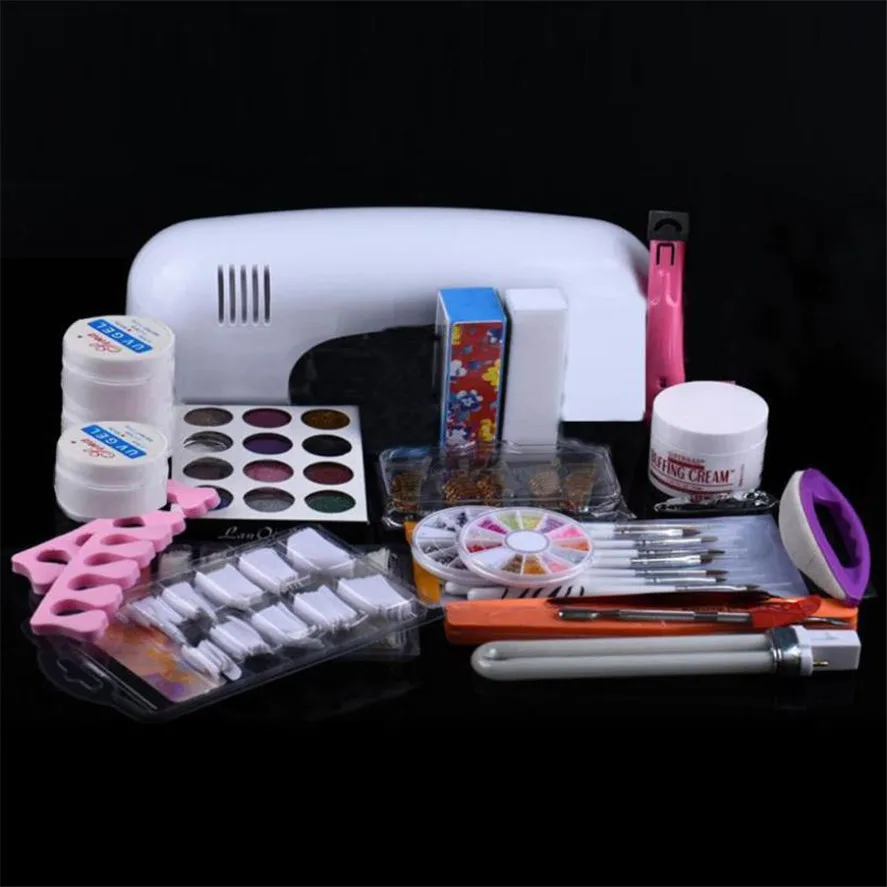 

New Professional 21 in 1 Combo Set DIY UV Gel Nail Art Kit 9W Nail Lamp Dryer Brush Buffer Tool Nails Tips Glue Acrylic Set