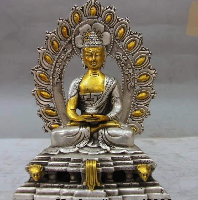 

Tibet White Copper Silver Buddhism Statue Temple Sit Tathagata Sakyamuni Buddha