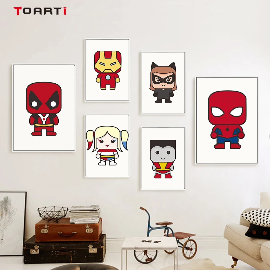 Kawaii Cartoon Superhero Character Wall Art Canvas Painting Vintage Posters&Prints Nursery Decoration Kids Room Modular Pictures (2)
