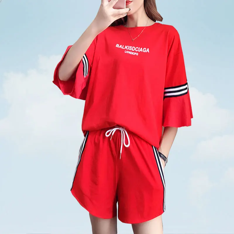 

Summer Fashion 2 piece Set Women 2019 New Korean Printed Letters Short Sleeve Round Neck Loose Large Size tracksuit Female SS332