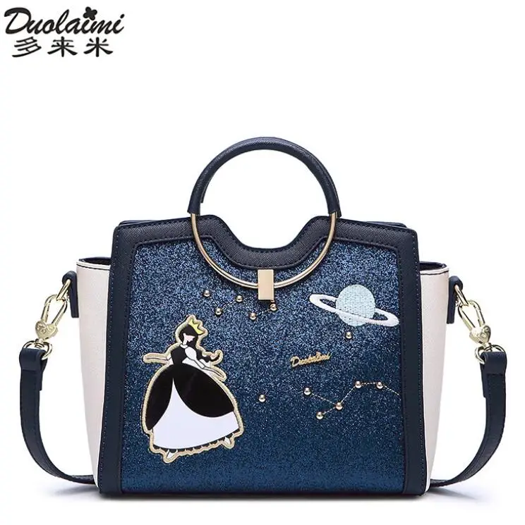

DUOLAIMI New Arrival Blue Dancer Girl Embroidery Cartoon BlingBling Women Shoulder Bag Handbag Tote Bolsa Feminina Saddle BAG