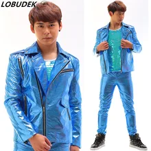 Мужские костюмы DJ хип-хоп заклепки Искусственная кожа мужской кожаного жакета типом Штаны блейзер в клетку на кнопке для выступление певицы-танцовщицы ночной клуб бар