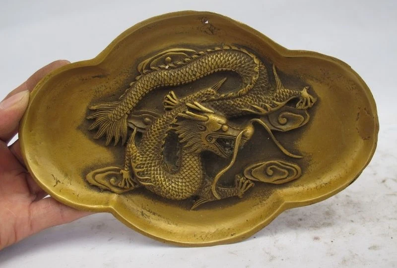 

China Royal Palace Bronze Copper Dragon Decor Dynasty Salver Tray Dish Plate a(5.19)