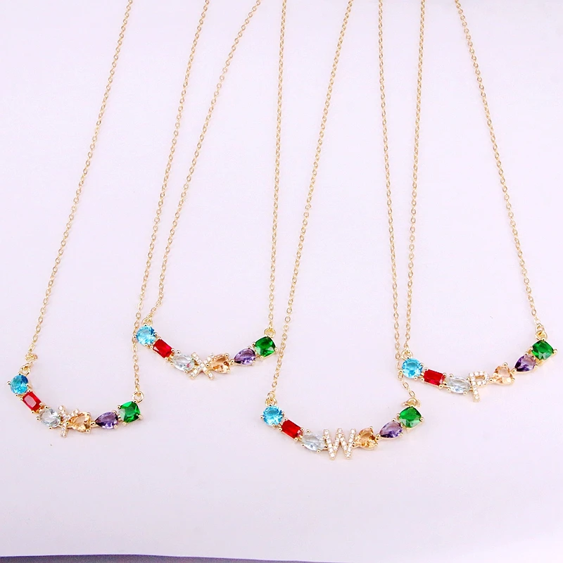 

6PCS, Fashion Metal Filled Letter Shaped Crystal Colorful Zirconia CZ Micro Pave Top Quality Charm Pendant Necklaces