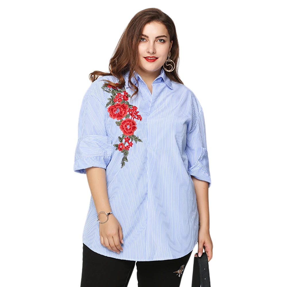 Women Flower Embroidery Blouse Plus Size Long Sleeve Work Shirt Women ...