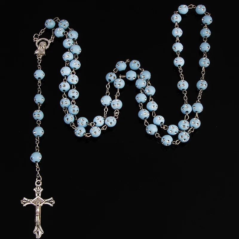

8mm starry Catholic rosary necklace, round silver plastic beads, the core of St. Benedict XVI and the cross of the cross