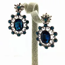 2015 New Arrival Luxurious Blue Crystal Fashion Earrings Hollow Out Created Rhinestone Limitation Jewelry Statement Earrings
