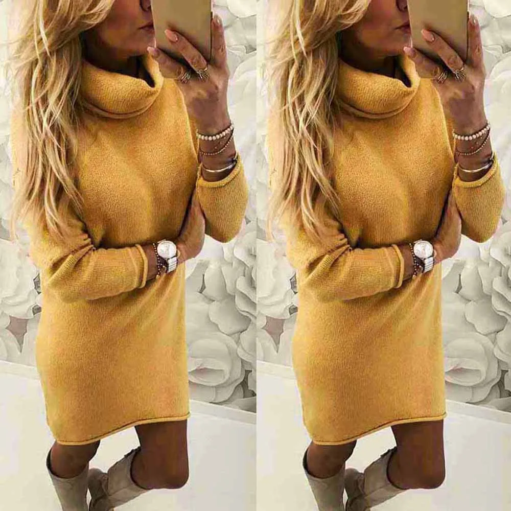 

2019 New Autumn and Winter Turtleneck sweater Knitted Sweater Women Solid Color Long sweater dress pullover Jumper F30