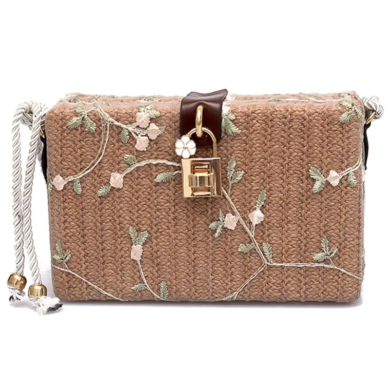 

Summer Beach Handbags Women Messenger Bags Square Straw Hand Woven Ladies Crossbody Bag Shoulder Bags Coffee