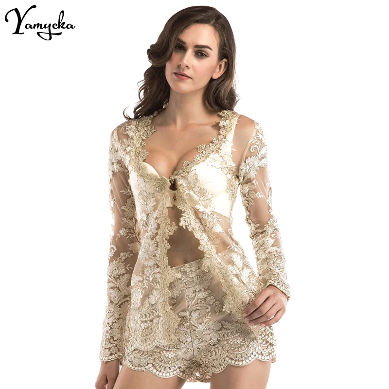 Sexy Women Playsuit With Lace Two Pieces Romper Short Mesh Summer Beach Club Elegant Jumpsuit 2018 New Arrivals V Neck Overalls