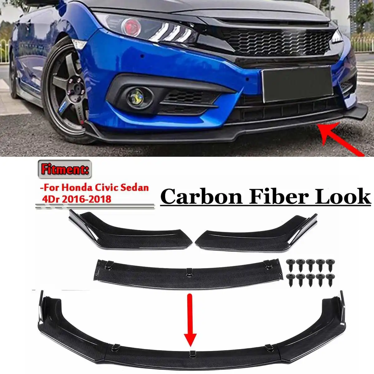 Carbon Fiber Pattern Front Bumper Spoiler Lip Splitter Body Kit Set Fit for 2016-2018 Honda Civic Sedan 4DR