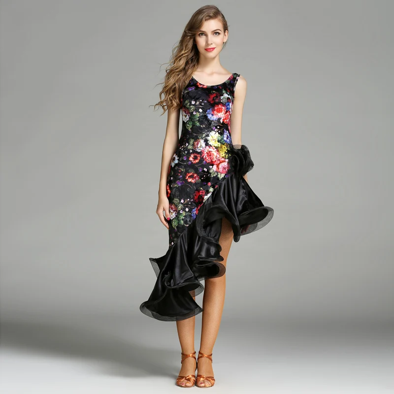 

Adult latin dance dress slanted ruffled dress hem sleeveless velvet fabric
