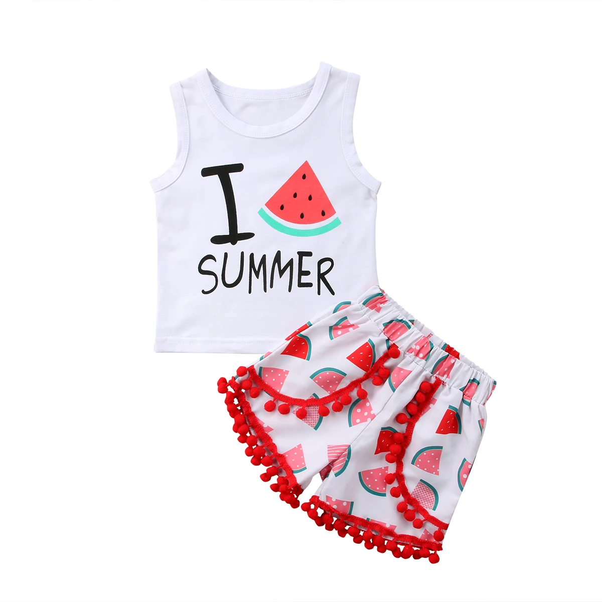Toddler Kids Baby Girls Two Piece Set Vest Tops+Tassel Shorts Printed