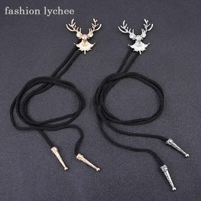 Elk Cowboy Bolo Tie Vintage Nylon Chain Gold Pendant Black Metal Necklace