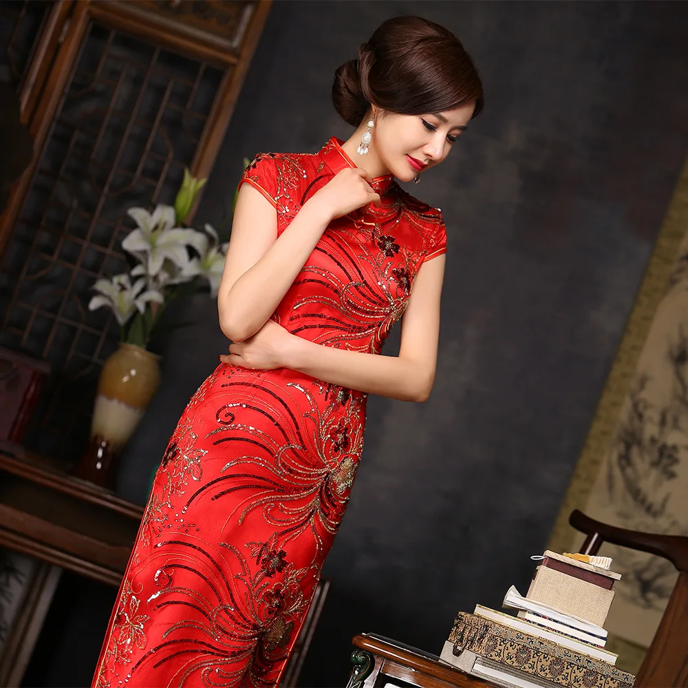 Традиционное китайское свадебное платье Ципао красный Чонсам шелк 2016 подружки