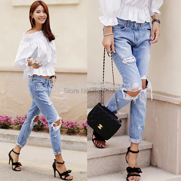 2015 New Fashion BF Hole Ripped Jeans Women Mid Waist Denim