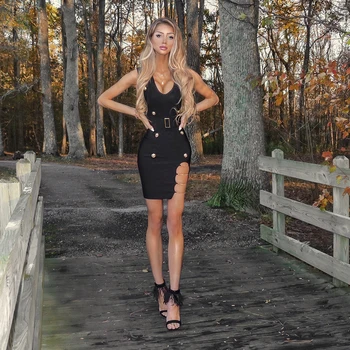 

Deep V Neck Sleeveless Button Split Chain Bodycon Dress Womens Sashes Sheath Bandage Black Night Club Dresses Gown Vestidos