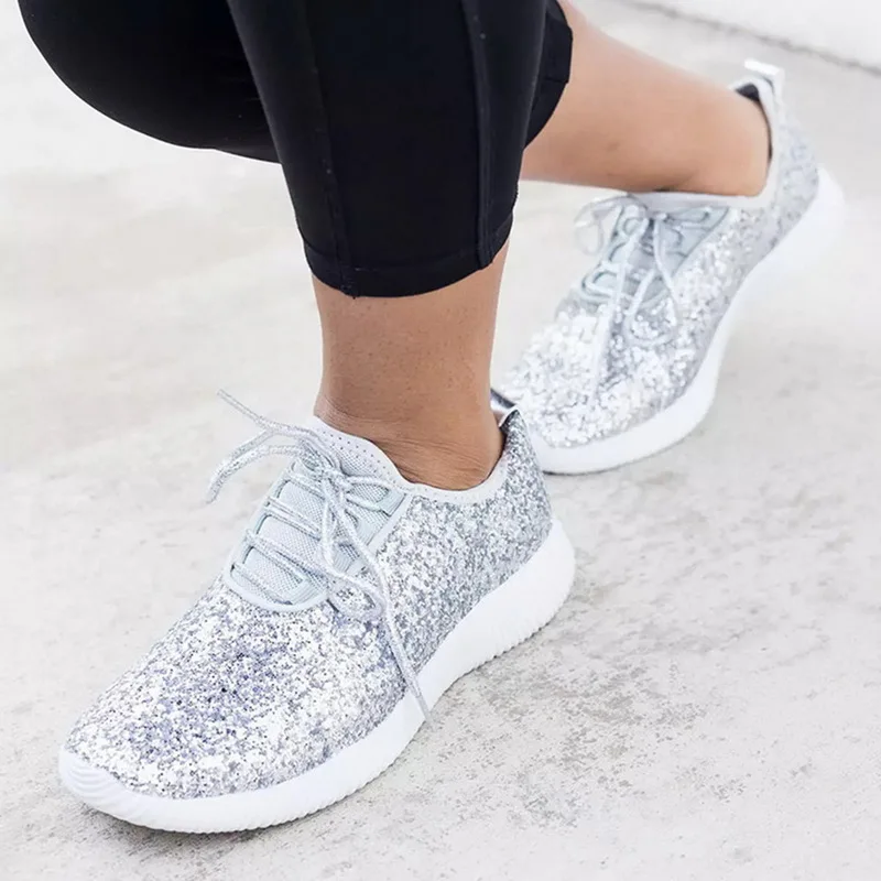 WENYUJH Vulcanized Shoes Women Casual Shoes Women Glitter Sneakers Bling White Sneakers Lace-up Sparkly Shoes zapatos mujer