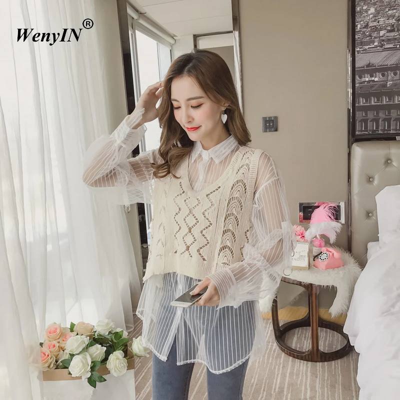 WENYIN/2018 Осенняя мода уличная 2 шт. вязаный пэчворк в полоску Блузка Для женщин blusas