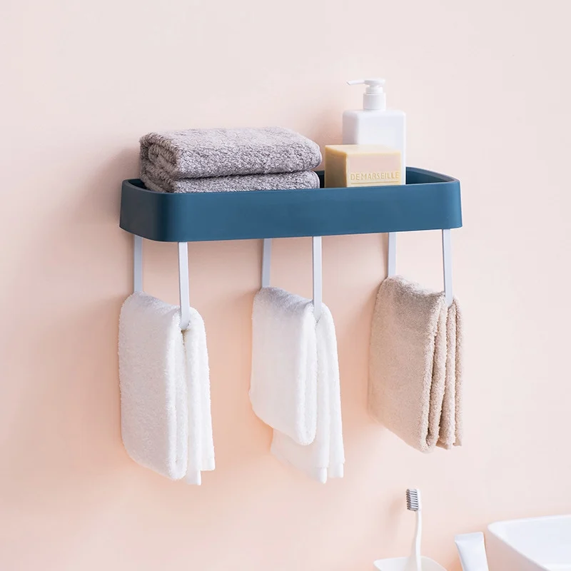 

Self-Adhesive Bathroom Shower Shelf Plastic Towel Shelf Holder Bathroom Shelf With 3 Towel Bars Wall Mounted Storage Organizer