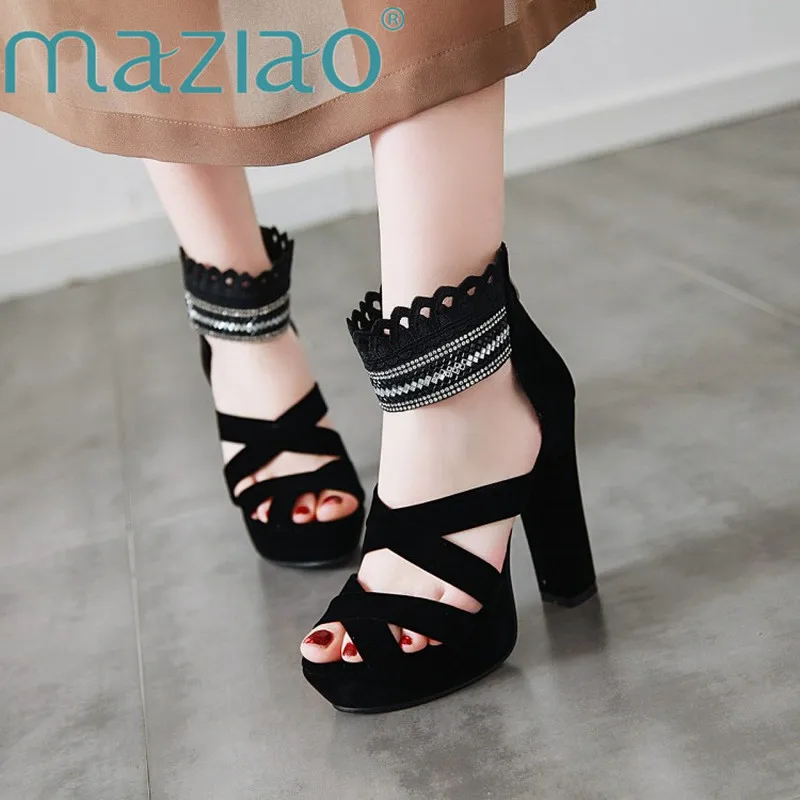 

MAZIAO Summer Sandals Women Shoes Rhinestone Platform Block Heel Shoes Zipper Super High Heel Ankle Wrap Sandals Big Size 33-43