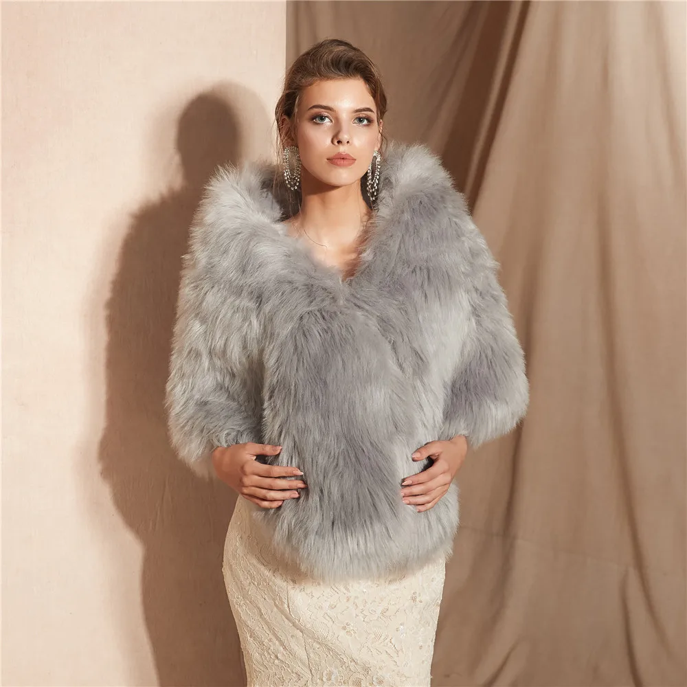 JaneVini элегантные серые куртки из искусственного меха женские шали Свадебные накидки для невесты зимняя теплая накидка Болеро Mriage Femme