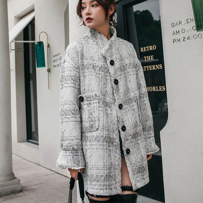 Cheerart Winter Long Wool Coat Women Vintage Plaid Wool Blend Coat White Stand Collar Woolen Outerwear Coat Wool Cape Cloak
