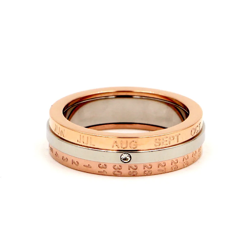 

Rotatable Numbers With Month Date Mark Three Rows Wedding Bands Rings Fashion Stainless Steel All-Match Female Jewelry No Fade
