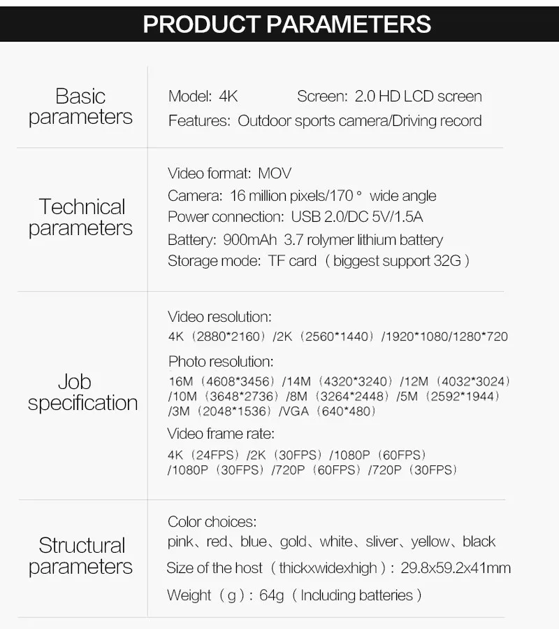 DHL Sport Camera NT96660 4K 24fps ULTRA HD 16MP WiFi 30M Waterproof Action camera Aluminum Extendable Pole Stick+camera bag light action camera