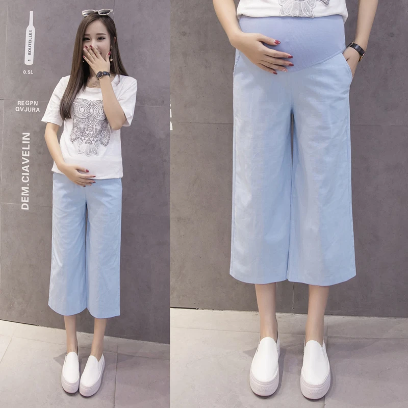 Maternidad Mujeres Pantalones Anchos de La Pierna de Verano Del Color Del Caramelo Corto Capris de Algodón de Lino Pantalones Pantalones Del Vientre de Embarazada Embarazo|pants pregnant|pregnancy trouserspregnancy pants - AliExpress