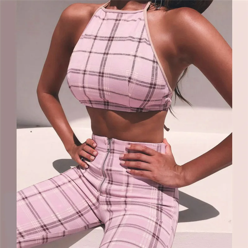 2018 New Summer Women Sexy Backless Set Pink Plaid Sleeveless Two Piece Sets England Style Plaid Lace Up Top And Pants Sets Women's Sets