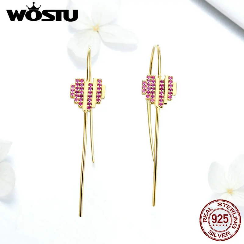 

WOSTU 925 Sterling Silver Heart Signal Hoop Earrings Pink Zircon Dangle Long Earrings For Women Wedding Silver Jewelry FNE029