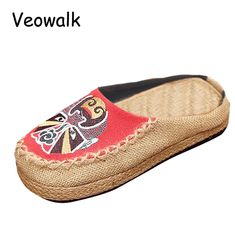 Veowalk Beijing Opera Embroidered Women Cotton Slippers Handmade Vintage Ladies Flat Slides Summer Sandal Shoes Canvas